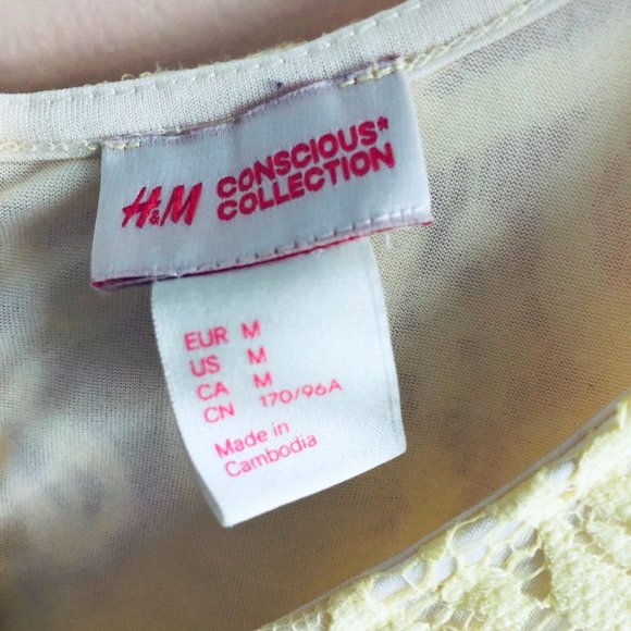 H&M Conscious Yellow Lace Tank Top M | Floral Sheer Overlay - Picture 11 of 11